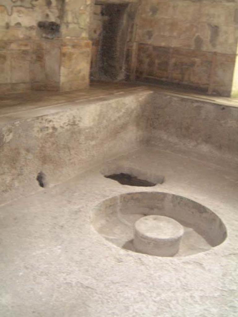 Suburban Baths, Herculaneum, May 2001. Hot pool in the second larger caldarium.
This pool would have been heated by its own furnace heating the water under the “bronze samovar” which would have been situated in the centre of the pool.
Photo courtesy of Current Archaeology.